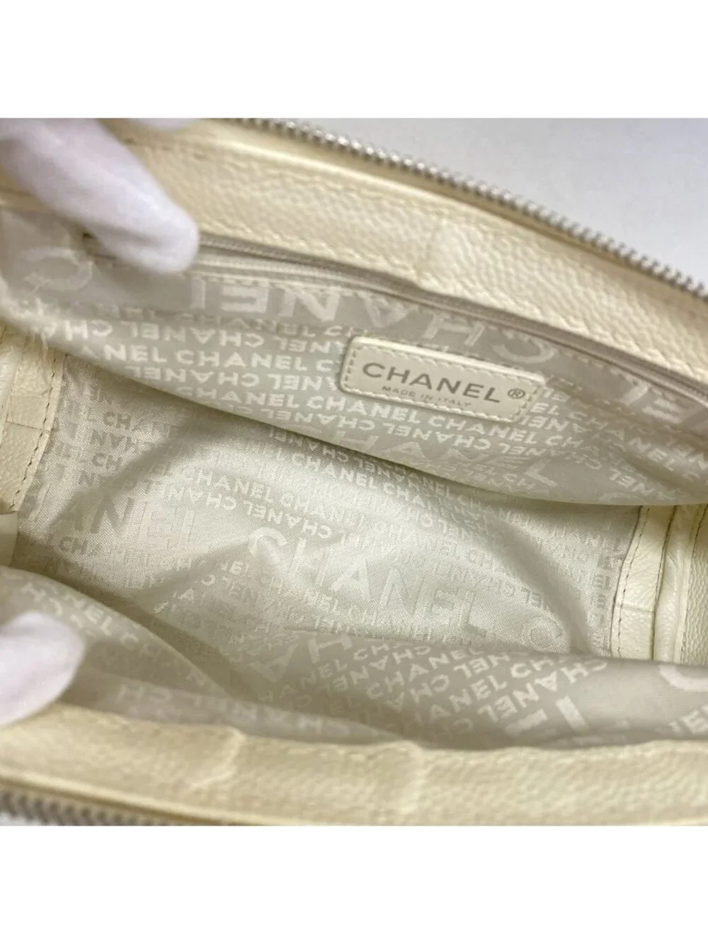 Chanel Shoulder Bag Perforated Leather Ivory Silver